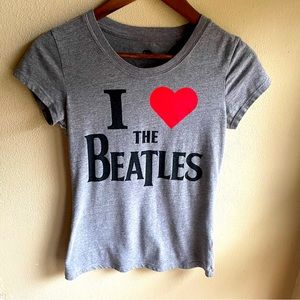 I Love The Beatles Baby Tee. Cap Sleeves. Grey with Black and Red Graphic. M